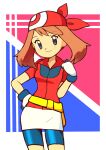  1girl bandana bike_shorts blue_eyes brown_hair closed_mouth collared_shirt commentary_request cowboy_shot eyelashes fanny_pack gloves hand_on_hip hand_up highres kyanos_(b_0000ff) may_(pokemon) medium_hair pokemon pokemon_(anime) pokemon_rse_(anime) red_bandana red_shirt shirt short_sleeves skirt smile solo white_gloves white_skirt yellow_bag 