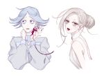  1boy 1girl bella_scottland bleeding blood blue_eyes hunter_x_hunter intravenous_drip lipstick long_sleeves looking_at_viewer looking_to_the_side lynch_fullbokko makeup shirt short_hair white_background white_hair white_shirt zakuro_custard 