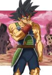  1boy armor bardock black_eyes broken broken_armor dragon_ball dragon_ball_z headband highres injury looking_at_viewer male_focus monkey_tail muscular saiyan saiyan_armor sakata_s2023 scar scar_on_cheek scar_on_face solo spiky_hair tail torn_clothes wristband 