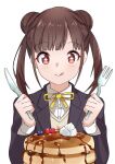  1girl :q blueberry blush brown_hair chocolate_syrup double_bun food fork fruit hair_bun highres holding holding_fork holding_knife idolmaster idolmaster_shiny_colors jacket knife long_hair long_sleeves pancake red_eyes ribbon shi6zakuro shirt simple_background solo sonoda_chiyoko star-shaped_pupils star_(symbol) strawberry symbol-shaped_pupils tongue tongue_out twintails vest whipped_cream 