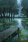  2boys artist_name highres lake landscape multiple_boys original outdoors pier rajawat reflection tree water watermark 