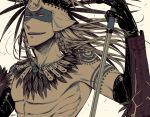  1boy aztec bare_shoulders blonde_hair blue_eyes braid fate/grand_order fate_(series) gloves hair_ornament holding holding_polearm holding_weapon long_hair looking_at_viewer male_focus polearm simple_background smile solo tattoo tezcatlipoca_(fate) tezcatlipoca_(third_ascension)_(fate) traditional_clothes twin_braids upper_body weapon white_background yuuzuki230 
