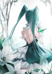  almn_sk aqua_hair back back_focus backless_dress backless_outfit bare_back detached_sleeves dress facing_away flower from_behind hatsune_miku highres lily_(flower) long_hair miku_day shoulder_blades twintails very_long_hair vocaloid water 