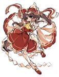  1girl ascot bow brown_eyes brown_hair detached_sleeves expressionless frilled_bow frills full_body hair_bow hair_tubes hakurei_reimu highres long_hair looking_at_viewer red_bow red_skirt ribbon-trimmed_sleeves ribbon_trim skirt solo springarashi02 touhou wide_sleeves 