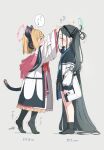  2girls absurdly_long_hair animal_ear_headphones animal_ears animal_hood aris_(blue_archive) arm_up arrow_(symbol) black_hairband black_skirt black_socks black_thighhighs blue_archive bow collared_shirt commentary_request fake_animal_ears gomennasai grey_background hairband halo headpat headphones height_difference highres hood hood_down hooded_jacket jacket long_hair long_sleeves momoi_(blue_archive) multiple_girls no_shoes one_side_up open_clothes open_jacket pleated_skirt puffy_long_sleeves puffy_sleeves red_bow shadow shirt simple_background skirt sleeves_past_wrists socks tail thigh-highs tiptoes trembling very_long_hair white_jacket white_shirt wide_sleeves 