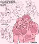  ! !! 1girl 2boys all_might artist_name backpack bag bakugou_katsuki blush boku_no_hero_academia bracelet breasts brushing_another&#039;s_hair brushing_hair character_print closed_eyes closed_mouth commentary double_v earrings english_text freckles habkart hair_brush heart hetero highres holding holding_brush holding_phone hood hood_down hoodie jewelry kiss long_hair long_sleeves looking_at_another looking_at_viewer midoriya_izuku monochrome multiple_boys one_eye_closed open_mouth pants phone pink_background pink_theme shirt short_hair short_sleeves shorts simple_background smile speech_bubble standing utsushimi_kemii v 