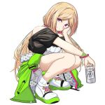  1girl aki_rosenthal beer_can blonde_hair can clothes_around_waist highres hololive jacket jacket_around_waist long_hair low_twintails replikia shoes shorts smile sneakers squatting twintails violet_eyes virtual_youtuber white_background white_shorts wristband 