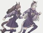  2girls anger_vein animal_ears blunt_bangs bow bowtie brown_footwear brown_hair brown_headwear frilled_skirt frills from_side gold_ship_(umamusume) grey_background grey_hair horse_ears horse_girl horse_tail horseshoe_ornament long_hair long_sleeves multiple_girls n_(mo_02323) pillbox_hat pleated_skirt purple_serafuku purple_shirt purple_skirt purple_thighhighs running sailor_collar sailor_shirt school_uniform serafuku shirt simple_background skirt tail thigh-highs tosen_jordan_(umamusume) tracen_school_uniform twintails umamusume violet_eyes white_bow white_bowtie 