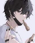  1boy bishounen black_eyes black_hair black_mask earrings hands_up highres jewelry ka1_(user_hkdw4252) looking_at_viewer male_focus mask mask_removed mouth_hold multiple_rings original ring shirt solo upper_body white_background white_shirt 