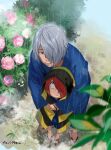  ._. 2boys brown_hair bush commentary_request father_and_son feet flower gegege_no_kitarou grey_hair hair_over_one_eye hug hug_from_behind indesign japanese_clothes looking_up male_focus medama_oyaji_(human) multiple_boys one_eye_covered outdoors rain red_eyes sandals short_hair smile 