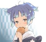  1girl ahoge aqua_hair blue_hair blush character_request copyright_request fang food ham_(points) hand_up holding holding_food looking_to_the_side multicolored_hair nose_blush orange_eyes short_hair solo two-tone_hair upper_body 