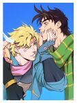  2boys anger_vein arm_around_shoulder battle_tendency blue_jacket blue_sky brown_hair caesar_anthonio_zeppeli facial_mark feather_hair_ornament feathers fingerless_gloves gloves grabbing_another&#039;s_chin green_scarf grin hair_ornament hakmonss hand_on_another&#039;s_chin jacket jojo_no_kimyou_na_bouken joseph_joestar joseph_joestar_(young) male_focus multiple_boys scarf sky smile striped striped_scarf triangle_print vertical-striped_scarf vertical_stripes 
