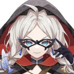  1girl absurdres adjusting_eyewear ahoge black_gloves blue_brooch blue_eyes braid chain cho_000 closed_mouth commission commissioner_upload crystal_earrings earrings eye_mask feathers fire_emblem fire_emblem_fates fire_emblem_heroes gloves gold_chain highres hood hood_up jewelry low_twin_braids nina_(fire_emblem) nina_(thief)_(fire_emblem) non-web_source parted_bangs portrait smile solo turtleneck twin_braids two-sided_fabric white_hair 