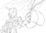  1girl absurdres animal_ears avatar_(ff14) bird bird_on_hand branch cat_ears claws coat commentary commission english_commentary facial_mark final_fantasy final_fantasy_xiv g_studio greyscale highres long_sleeves miqo&#039;te monochrome solo upper_body whisker_markings 