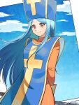  1girl absurdres arms_behind_back betabetamaru blue_eyes blue_sky blue_tabard bodysuit breasts clouds commentary_request commission cowboy_shot dragon_quest dragon_quest_iii gloves hat highres holding holding_mace holding_weapon long_hair mace medium_breasts mitre orange_bodysuit orange_eyes priest_(dq3) skeb_commission sky smile solo tabard very_long_hair weapon yellow_gloves 
