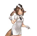  1girl animal_ear_fluff animal_ears arknights black_headwear blue_archive blush breasts brown_eyes brown_hair chocolatice closed_eyes collared_dress cowboy_shot dress facing_viewer garrison_cap gloves hand_up hat medium_breasts open_mouth parted_bangs perfumer_(arknights) ponytail puffy_short_sleeves puffy_sleeves short_sleeves simple_background solo sweat wavy_mouth white_background white_dress white_gloves 