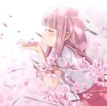  1girl adapted_costume blowing blunt_bangs blush braid branch buttons cherry_blossoms closed_eyes flower from_side hands_up kamihama_university_affiliated_school_uniform long_hair low_ponytail magia_record:_mahou_shoujo_madoka_magica_gaiden mahou_shoujo_madoka_magica parted_lips petals pink_flower pink_hair profile red_sailor_collar red_skirt rikopin sailor_collar school_uniform serafuku shirt short_sleeves side_braids sidelocks skirt solo tamaki_iroha very_long_hair white_shirt 