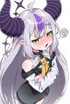  1girl ahoge annoyed ascot black_dress blush braid braided_bangs collar crossed_arms dated_commentary demon_girl demon_horns detached_sleeves dress grey_hair highres hololive horns la+_darknesss long_hair looking_at_viewer multicolored_hair o-ring open_mouth pointy_ears purple_hair purple_horns simple_background solo squiggle standing streaked_hair striped_horns tail tosyeo v-shaped_eyebrows very_long_hair virtual_youtuber white_background white_sleeves yellow_ascot yellow_eyes 