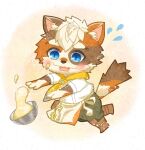  1boy animal_ears apron bowl cat_boy cat_ears cat_tail character_request chibi cooking crave_saga dough flying_sweatdrops full_body highres male_focus short_hair solo tail taku_(0807ad14) thick_eyebrows 