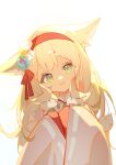  1girl animal animal_ear_fluff animal_ears arknights blonde_hair closed_mouth commentary_request fox fox_ears green_eyes hairband head_tilt highres indai_(3330425) japanese_clothes kimono long_hair long_sleeves looking_at_viewer pink_kimono red_hairband ribbon-trimmed_sleeves ribbon_trim simple_background sleeves_past_wrists smile solo suzuran_(arknights) suzuran_(yukibare)_(arknights) upper_body white_background wide_sleeves 