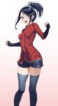  1girl ace_trainer_(pokemon) black_hair black_shorts breasts breasts_apart brown_eyes clenched_hands d: floating_hair grey_thighhighs hair_between_eyes highres jacket long_hair long_sleeves looking_at_viewer open_mouth pokemon pokemon_(game) pokemon_hgss ponytail red_jacket short_shorts shorts simple_background small_breasts solo standing thigh-highs tsukishiro_saika white_background zettai_ryouiki 