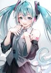  1girl :d arm_tattoo black_skirt black_sleeves blue_eyes blue_hair blue_nails collared_shirt detached_sleeves floating_hair grey_necktie grey_shirt hair_between_eyes hatsune_miku highres long_hair long_sleeves miku_day nail_polish necktie nekogayasan number_tattoo open_mouth pleated_skirt shirt skirt sleeveless sleeveless_shirt smile solo standing tattoo twintails very_long_hair vocaloid wing_collar 