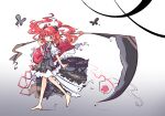  1girl barefoot gradient_background highres long_hair looking_at_viewer onozuka_komachi primsla red_eyes redhead scythe short_twintails simple_background solo touhou twintails walking white_background 