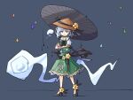  1girl black_footwear blue_background blunt_bangs bright_pupils closed_mouth commentary flower frilled_skirt frilled_vest frills full_body green_skirt grey_background grey_umbrella hat hat_flower high_heels highres holding holding_umbrella konpaku_youmu konpaku_youmu_(ghost) light_frown looking_at_viewer primsla puffy_short_sleeves puffy_sleeves rice_hat sheath sheathed shirt short_sleeves simple_background skirt skirt_set solo standing sword symbol-only_commentary touhou umbrella vest weapon white_hair white_pupils white_shirt wrist_cuffs yellow_flower 