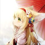  1girl animal_ear_fluff animal_ears arknights blonde_hair commentary_request flower fox_ears from_side green_eyes hair_between_eyes hair_flower hair_ornament hairband japanese_clothes kimono long_hair looking_away obi parted_lips red_hairband red_umbrella sash solo suzuran_(arknights) suzuran_(yukibare)_(arknights) umbrella upper_body white_flower white_kimono ying257053 