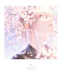  1girl absurdres artist_name black_sailor_collar bouno_satoshi branch cherry_blossoms dated eyelashes flower hair_between_eyes highres lips looking_up original parted_lips pink_flower pink_hair portrait sailor_collar solo twitter_username violet_eyes water_drop wet 