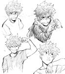  1boy arm_up boku_no_hero_academia cape clenched_hands closed_eyes commentary crying crying_with_eyes_open english_commentary flexing freckles greyscale habkart highres looking_at_viewer male_focus midoriya_izuku monochrome multiple_views shirt short_hair short_sleeves simple_background sketch smile tears upper_body white_background 