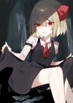  1girl :d absurdres ascot black_skirt blonde_hair breasts clothes_lift dark_background hair_between_eyes hair_ribbon highres lifted_by_self looking_at_viewer necktie nemachi red_eyes red_necktie ribbon rumia shirt short_hair simple_background skirt skirt_hold skirt_lift small_breasts smile solo touhou vest 