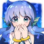  1girl blue_background blue_eyes bracelet covering_mouth crying crying_with_eyes_open head_fins jewelry long_hair looking_at_viewer madou_monogatari puyopuyo serilly_(puyopuyo) solo tears wenicon_0410 