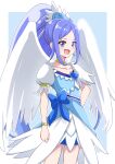  1girl absurdres angel_wings ao_(flowerclasse) bike_shorts bike_shorts_under_skirt blue_background blue_bow blue_dress blue_eyes blue_hair blue_skirt bow bracelet brooch choker collarbone commission crystal_earrings cure_diamond dokidoki!_precure dress earrings feather_hair_ornament feathered_wings feathers hair_ornament heart_brooch highres hishikawa_rikka jewelry long_hair looking_at_viewer magical_girl open_mouth ponytail precure puffy_short_sleeves puffy_sleeves short_sleeves skeb_commission skirt smile solo very_long_hair white_background wings 