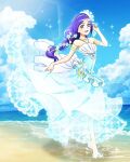  1girl :d alternate_costume aono_miki artist_request bare_shoulders beach clouds commentary dress english_commentary eyelashes fresh_precure! hair_ornament hairband happy highres long_hair looking_at_viewer ocean official_art open_mouth precure precure_connection_puzzlun purple_hair sky smile solo third-party_source violet_eyes 