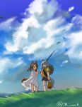  2girls aged_down animal_ears arms_behind_back bare_shoulders blue_eyes blue_hair blue_shorts blue_sky brown_eyes brown_hair bucket carrying_over_shoulder clouds cloudy_sky commentary_request day dress eye_contact fanny_pack fishing_rod floating_hair grass hat hat_around_neck highres holding holding_bucket holding_fishing_rod horse_ears horse_girl horse_tail king_halo_(umamusume) light_blue_hair looking_at_another looking_to_the_side medium_hair mountainous_horizon multiple_girls outdoors ponytail seiun_sky_(umamusume) shirt shorts sky sleeveless sleeveless_dress spaghetti_strap standing straw_hat summer sundress t-shirt tail tarako twitter_username umamusume wind wind_lift yellow_shirt 