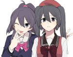  2girls ;p aika_himena an_sin annoyed arms_at_sides beret blazer blunt_ends bow bowtie brown_bow brown_bowtie buttons double_v furrowed_brow grey_hair hair_between_eyes half_updo hat jacket jewelry kamihama_future_academy_school_uniform long_sleeves looking_at_viewer magia_record:_mahou_shoujo_madoka_magica_gaiden mahou_shoujo_madoka_magica multiple_girls one_eye_closed pink_bow pink_bowtie purple_hair purple_jacket red_headwear red_vest ring school_uniform shirt short_hair sidelocks simple_background smile striped striped_vest tokime_shizuka tongue tongue_out twintails upper_body v vertical-striped_vest vertical_stripes vest violet_eyes white_background white_shirt wing_collar 