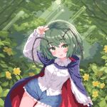  1girl 999_(hansode) antennae arm_up black_cape blue_shorts blush breasts bush buttons cape collared_shirt commentary day feet_out_of_frame flower forest frilled_shorts frilled_sleeves frills green_eyes green_hair light_rays long_sleeves looking_at_viewer nature open_mouth outdoors pixel_art red_cape shirt short_hair shorts small_breasts smile solo touhou tree two-sided_cape two-sided_fabric w white_shirt wriggle_nightbug yellow_flower 
