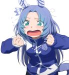  1girl abmayo absurdres animal_ears aqua_hair blue_hair blue_jacket blush brown_hair clenched_hands crying_aqua_(meme) drawstring ear_ornament eyes_visible_through_hair flying_sweatdrops godolphin_barb_(umamusume) gradient_hair green_eyes gym_shorts hair_intakes highres horse_ears horse_girl jacket kono_subarashii_sekai_ni_shukufuku_wo! long_sleeves meme multicolored_hair open_mouth shirt short_hair shorts simple_background solo tearing_up track_jacket trait_connection umamusume upper_body wavy_mouth white_background 