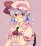  1girl blue_hair blush bonnet bow hair_bow open_mouth pink_background red_eyes remilia_scarlet short_hair solo touhou wings 