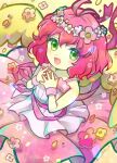 1girl angel angel_wings blush doradorakingyo dress flower green_eyes hair_flower hair_ornament hands_on_own_chest harpy_(puyopuyo) looking_at_viewer madou_monogatari open_mouth pink_dress pink_hair puyopuyo short_hair smile solo wings yellow_wings