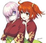  2girls :d ahoge blush breasts closed_mouth commentary_request eye_contact fate/grand_order fate_(series) flame_print fujimaru_ritsuka_(female) glasses hair_ornament hair_over_one_eye hair_scrunchie hands_on_another&#039;s_shoulders japanese_clothes kimono large_breasts light_purple_hair looking_at_another mash_kyrielight multiple_girls muutsuki one_side_up open_mouth orange_eyes orange_hair red_kimono scrunchie semi-rimless_eyewear short_hair short_sleeves simple_background smile twitter_username under-rim_eyewear upper_body violet_eyes wavy_mouth white_background yuri 