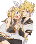  1boy 1girl ;d aqua_eyes black_pants blonde_hair brother_and_sister collared_shirt detached_sleeves fang head_grab headphones highres holding_hands kagamine_len kagamine_rin looking_at_another m0ti midriff necktie one_eye_closed open_mouth pants sailor_collar shirt short_hair short_sleeves siblings signature simple_background sleeveless smile teeth twins vocaloid white_background yellow_nails yellow_necktie 