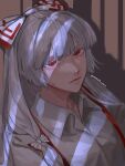  1girl annindofu_umaaa bow closed_mouth collared_shirt commentary_request commission fujiwara_no_mokou grey_hair hair_bow highres long_hair looking_at_viewer red_bow red_eyes shadow shirt skeb_commission solo suspenders touhou twitter_username two-tone_bow upper_body white_bow white_shirt 