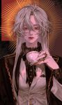  absurdres androgynous buttons colored_eyelashes cup formal grey_hair halo highres holding holding_cup jewelry long_eyelashes long_hair looking_at_viewer multiple_rings original red_eyes red_lips ring solo suit thick_eyelashes upper_body vest volff white_hair 