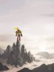  armarouge arms_at_sides clouds dated fire flame from_behind highres mokuzou_(moku_ssbu) outdoors pokemon pokemon_(creature) rock signature solo standing 