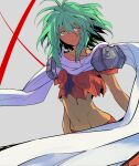  1girl closed_mouth collarbone dark-skinned_female dark_skin emerada_(xenogears) green_hair grel_(r6hgvu5) long_hair looking_at_viewer midriff navel simple_background solo xenogears yellow_eyes 