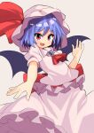  1girl :d absurdres ascot bat_wings blue_hair commentary fang hat hat_ribbon highres looking_at_viewer open_mouth rafa_(rafua_kz) red_ascot red_eyes red_ribbon remilia_scarlet ribbon shirt short_hair short_sleeves simple_background skirt smile solo touhou white_headwear white_shirt white_skirt wings 