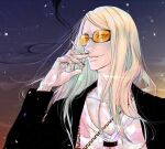  1boy blonde_hair cigarette fate/grand_order fate_(series) hand_up jacket long_hair looking_at_viewer male_focus open_clothes open_jacket orange-tinted_eyewear pectoral_cleavage pectorals shirt smile smoke smoking solo sunglasses t_r_t26 tezcatlipoca_(fate) tinted_eyewear upper_body white_shirt 