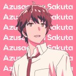  1boy azusagawa_sakuta background_text brown_eyes brown_hair male_focus nastain necktie open_mouth pink_background red_necktie seishun_buta_yarou shirt short_hair simple_background solo white_shirt 